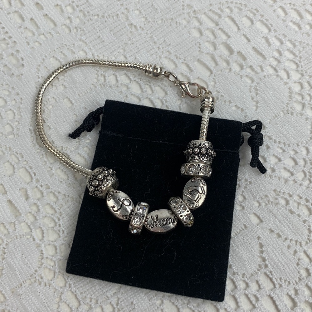 Silver Charm Snake Bracelet 8 charms Mom Baby feet Rhinestones Hook Clasp 8”